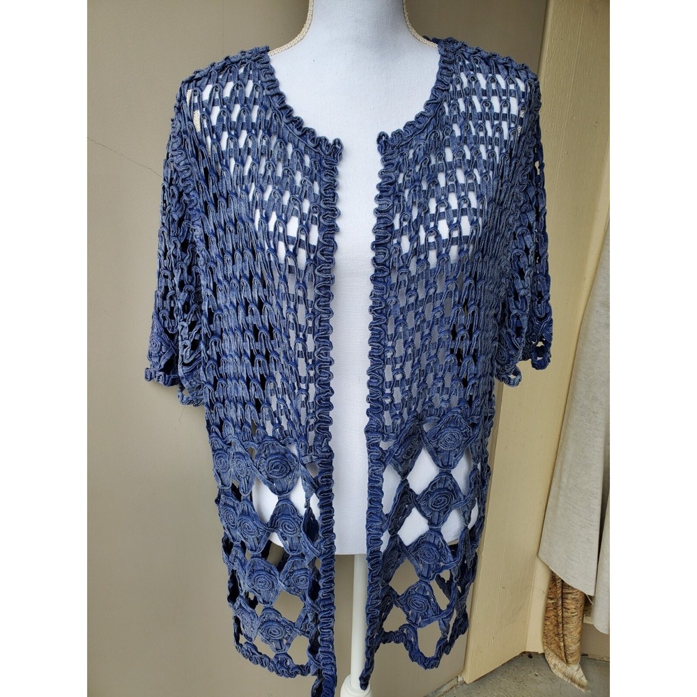 Chicos Cardigan‎ Medium Blue Open Front Denim Crochet Boho Chic Artsy Indie Y2K